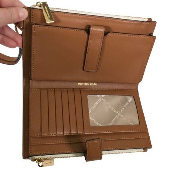 Michael Kors Jet Set Travel Adele Double Zip Phone Wallet Vanilla Tan Wristlet - Picture 8 of 16